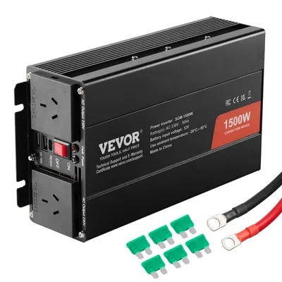 Produktbild von VEVOR Sinus-Wechselrichter, 1500 W DC 12 V AC 230 V Wechselrichter mit 2 AC-Steckdosen 2 USB-Anschlüssen 1 Typ-C-Anschluss 6 Ersatzsicherungen für kleine Haushaltsgeräte wie Smartphone-Laptops