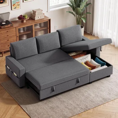 Obrázek produktu pro Rohová rozkládací pohovka BEALIFE, rozměry 205x136x87 cm, s úložným prostorem a rozkládací plochou | 3-4 místná, vhodná do obývacího pokoje | Tmavě šedá | AR49