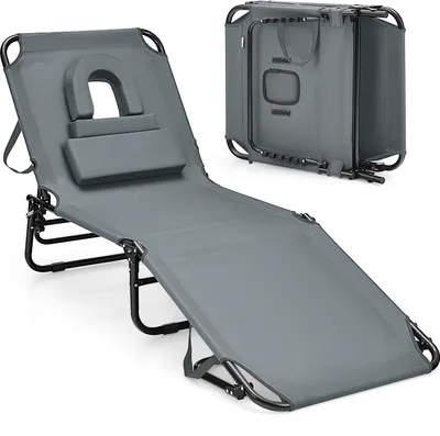 Produktbild von GOPLUS Sonnenliege klappbar, Gartenliege mit Gesichtsöffnung & abnehmbaren Kissen zum Sonnenbaden, Liegestuhl mit 5-stufig Verstellbarer Rückenlehne, Relaxliege für Garten Strand Camping (Grau)