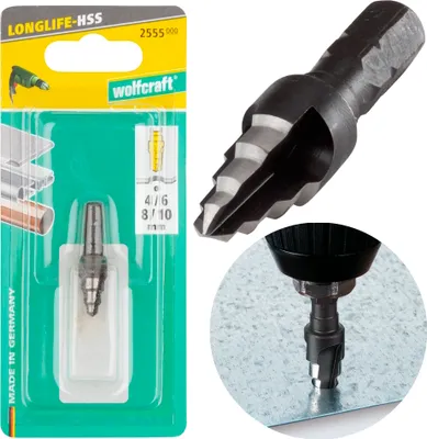 Produktbild von wolfcraft 2555000 - Stufenbohrer HSS, Sechskant-Schaft, 3 Schneiden Ø 6, 8, 10 mm