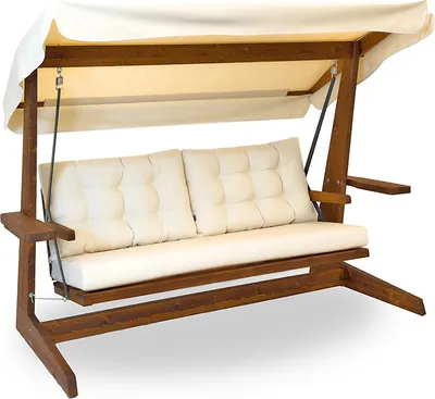 A wooden swing set with beige cushions and a beige canopy, shown against a white background.
