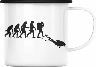 Produktbild von Trendation - Taucher Emaille Tasse Geschenk Emaille Emaille Tasse Geschenkidee Männer Tauchen Evolution Grafik Tauchlehrer Tauchsportler (Schwarz)