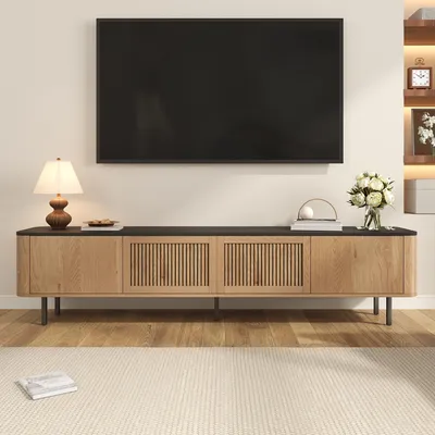 Produktbild von Merax TV-Schrank mit einzigartige Gittertür, TV Lowboard mit Metallbeine, minimalistischer TV-Ständer mit separaten Fächern, Natur + Schwarz