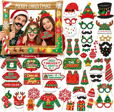 Image de Kit d'accessoires photo, 46 pièces, comprenant un cadre gonflable double face, idéal pour Noël et le Nouvel An