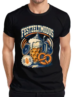 Productafbeelding van Feesttentmodus, , Wiesn, bierkan, pretzel, lederhosen, dirndl, heren T-shirt, zwart, maat S