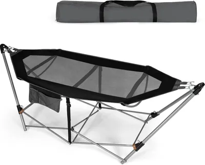 Obrázek produktu pro KOMFOTTEU zahradní houpací síť se skládacím stojanem, z kovu, přenosná, ze síťoviny, lehátko s nosností 150 kg, 227 x 82 x 89 cm, černá barva