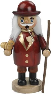 Räuchermännchen Schäfer mit roten Hut und roten Mantel. Er hält einen Stock in der Hand.