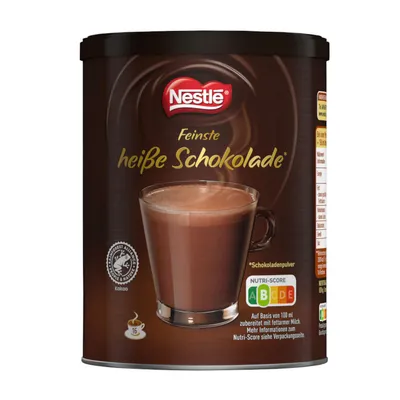 A can of Nestle hot chocolate powder with a depiction of a steaming mug of hot chocolate.