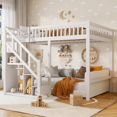 Produktbild von INONEFT Etagenbett 90x200cm, Kinderbett mit Treppe mit Stauraum, Hochbett Holzbett mit Rausfallschutz, Einzelbett, Jugendbett, Weiß