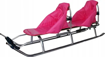 A pink and silver two-person sled is shown against a white background.