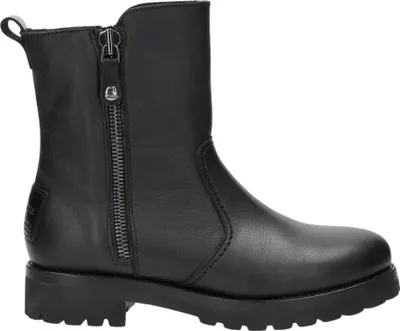 A black leather boot is shown against a white background.