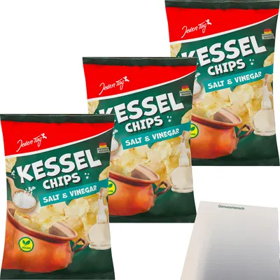 Produktbild von Jeden Tag Kesselchips Salt & Vinegar 3er Pack (3x150g Packung) + usy Block