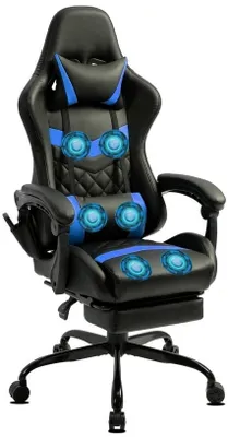 A gaming chair with massage features and a footrest, presented on a white background.