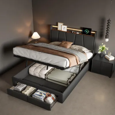 Produktbild von ProximaX Polsterbett 140x200 cm mit LED Kopfteil & USB Ladefunktion, Doppelbett mit Lattenrost, 2 Schubladen & hydraulischem Bettkasten, Modernes Stauraumbett für Erwachsene