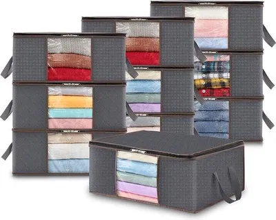 Imagen del producto de Unyqoos® Juego de 10 bolsas plegables para guardar ropa, 35 litros (48 x 36 x 20 cm), color gris – Fabricadas en tela no tejida, con ventana transparente, asa reforzada y cremallera de doble sentido