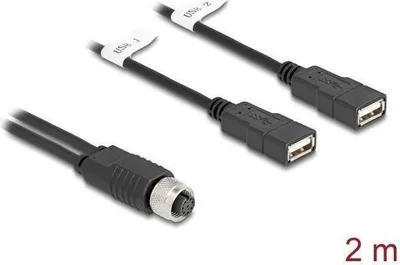 Immagine prodotto di DELOCK M12 Kabel A-kodiert 8 Pin Bu zu 2 x USB 2.0 Typ Bu 2m
