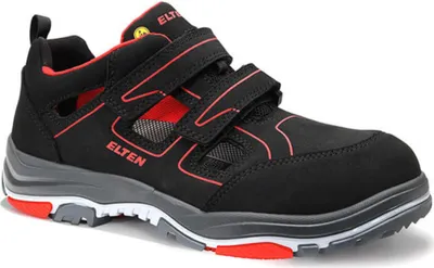 A single black and red safety sandal is shown against a white background.