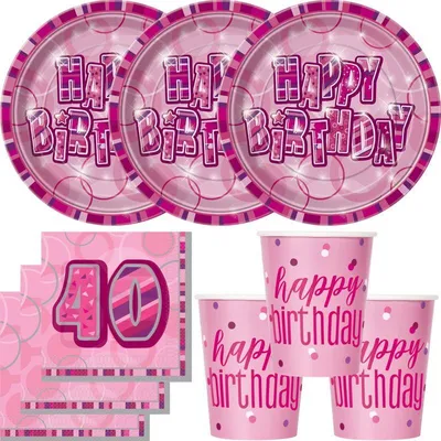 Produktbild von 40. Geburtstag Partyset Einweggeschirr rosa pink 32 tlg.