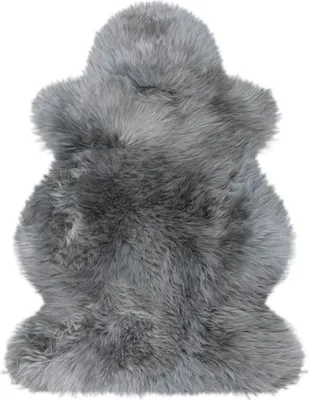 A gray sheepskin rug is shown against a white background.
