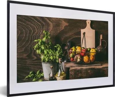 Produktbild von MuchoWow® Gerahmtes Poster Gemüse - Kräuter - Rustikal - Stilleben - Basilikum 60x40 cm - Poster mit Schwarzem Bilderrahmen Wandposter Rahmen Foto Bilder - Schlafzimmer - Plakat in Rahmen - Drucken