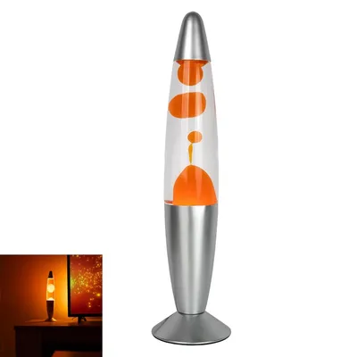 A lava lamp with orange blobs in a clear liquid, set against a white background. A smaller inset image shows the lava lamp on a table next to a television.