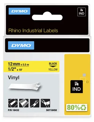 Produktbild von Dymo Rhino Band IND, Vinyl 12 mm x 5,5 m schwarz auf gelb
