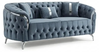Immagine prodotto di Divano Chesterfield blu, modello classico, a due posti, rivestito in tessuto pregiato