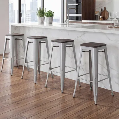 Produktbild von 4er-Set Barhocker MCW-A73 inkl. Holz-Sitzfläche, Barstuhl Tresenhocker, Metall Industriedesign stapelbar  grau