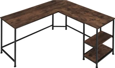An L-shaped desk with a wood-grain finish and black metal legs, shown from a slightly elevated angle against a white background.