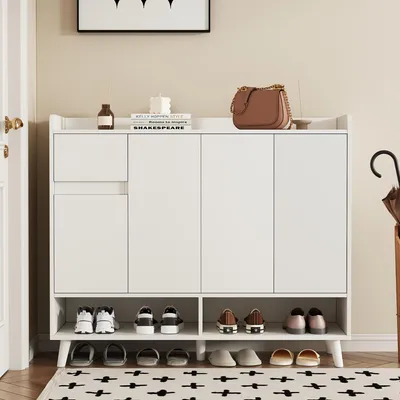 Produktbild von Merax Schuhschrank Sideboard mit Schublade, 4 Türen, verstellbaren Regal, Kommode mit viel Stauraum, Anrichte, Schuhregal, Schuhkipper, Weiß