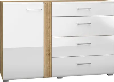 Produktbild von Moderne Wohnzimmer Kommode in Eiche Castello Nb. mit weiß Hochglanz AKRON-131 MDF Front mit edler Fräsung, B/H/T: ca. 134/90/42 cm
