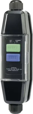 A black electrical safety switch with green and blue buttons.