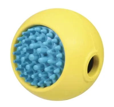 A yellow ball with blue spikes on a white background.