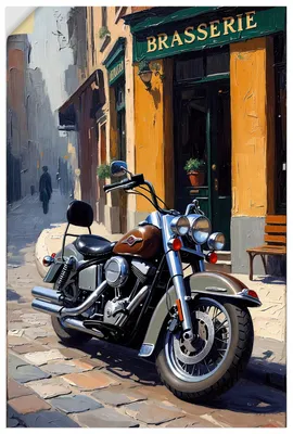 Produktbild von ARTland Wandbild, selbstklebend Eine parkende Harley vor einem Brasserie Größe: 20x30 cm