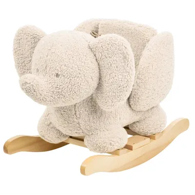 A plush elephant rocking horse on a white background.