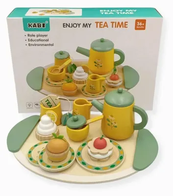 Zdjęcie produktu dla Zestaw do herbaty Kabi z drewna dla dzieci – zestaw 13-częściowy (czajniczek, filiżanki, talerzyki, taca, akcesoria) – drewno naturalne w pastelowych kolorach, zabawa w odgrywanie ról od 3 lat, certyfikaty CE i EN-71