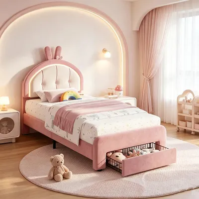 Produktbild von INONEF Kinderbett 90x200 cm mit Hasen-Design,Einzelbett Polsterbett mit LED & Schublade, Jugendbett mit Lattenrost & DIY-Stoffaufkleber,Samt,Rosa/Weiß