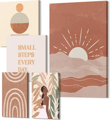 Obrázok produktu pre Obrazy Na Plátne – 5-Dielna Zostava – Polycanvas – Moderné Obrazy – Dekorácia Na Stenu – Do Obývačky – Abstraktné Obrazy – 2x 30x30 cm + 2x 20x30 cm + 1x 40x60 cm – Boho štýl inšpirovaný prírodou a pozitívnymi sloganmi