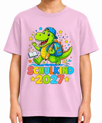 Immagine prodotto di Maglietta per bambini, tema "Dinosauri", ideale per l'inizio della scuola nel 2027, per ragazzi, con immagine di un dinosauro, colore rosa, taglia 140