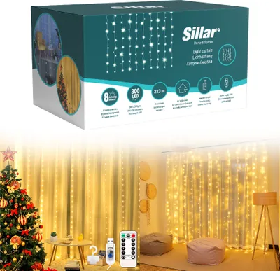 Produktbild von Lichtervorhang 3x3m USB Lichterkette 8 Modi mit Timer Innen Deko Garten Hochzeit warmeiß