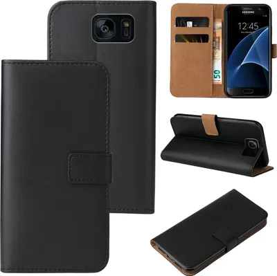 A collage of images showing a black flip phone case for a Samsung Galaxy S7, with different views and a demonstration of its cardholder feature.