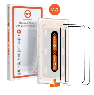 Zdjęcie produktu dla Mobile Origin Orange Screen Guard, Apple, iPhone 15 Plus, Odporny na zadrapania, Odporny na uderzenia, Przezroczysty, Czarny, 2 szt.