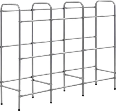 A silver metal crate rack with multiple shelves.