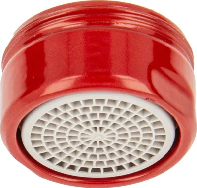 A close-up, studio shot of a red faucet aerator with a white grid pattern.