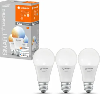 A product box for smart LED light bulbs, with three bulbs shown in front of it.