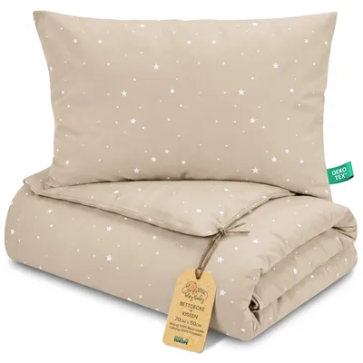 Produktbild von Kinderbettdecke ohne Bezug 50x70 cm Baumwolle Set Kissen Beige mit Weiß Sternen