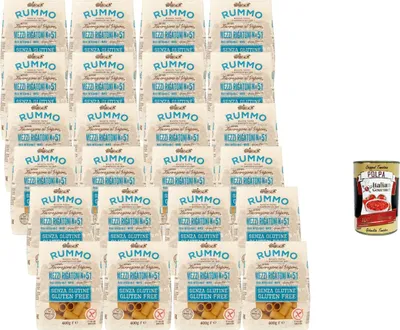 Produktbild von Rummo Mezzi Rigatoni Glutenfrei 24x400g Pasta aus Mais & Vollkornreis bronzen gezogen Vorratspack italienische Nudeln für Saucen + Italian Gourmet polpa