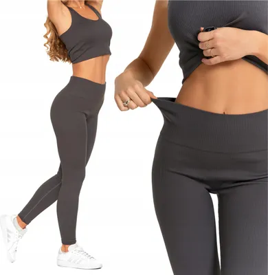 A collage of two images showing a woman wearing gray ribbed leggings and a matching sports bra. One image shows the full body, and the other is a close-up of the waistband being stretched.