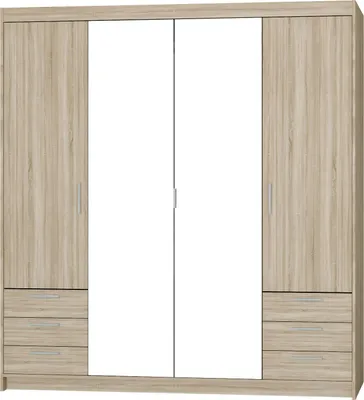 A front view of a four-door wardrobe with mirrored doors in the center and wooden doors on the sides, with drawers at the bottom.