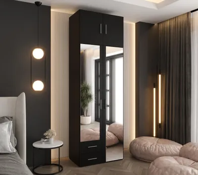 Produktbild von Drehtürenschrank 242x80x48 cm Schwarz mit 2 Spiegeln, Aufsatz und 2 Schubladen – Moderner Kleiderschrank mit viel Stauraum für Schlafzimmer und Flur